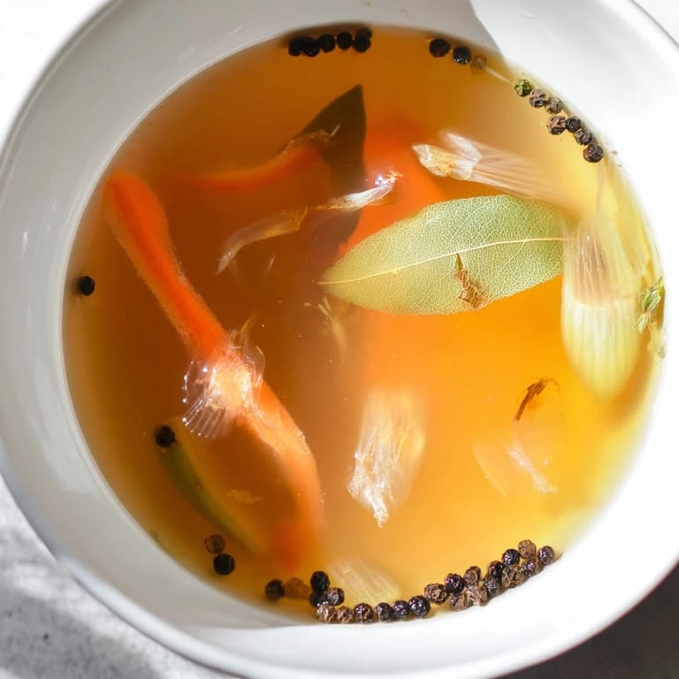 Freshly strained golden Vegetable Broth From Scraps in a clear glass jar, beside rustic bread for dipping.  