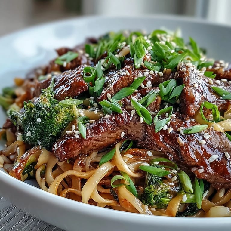 Sizzling tender beef and crisp vegetables mingle in a garlic-ginger skillet, creating a flavor-packed Korean Beef Noodles bowl served over steamy rice noodles.