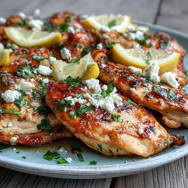 Close-up of Greek Chicken with Lemon and Feta topped with crumbled cheese and vibrant lemon slices.