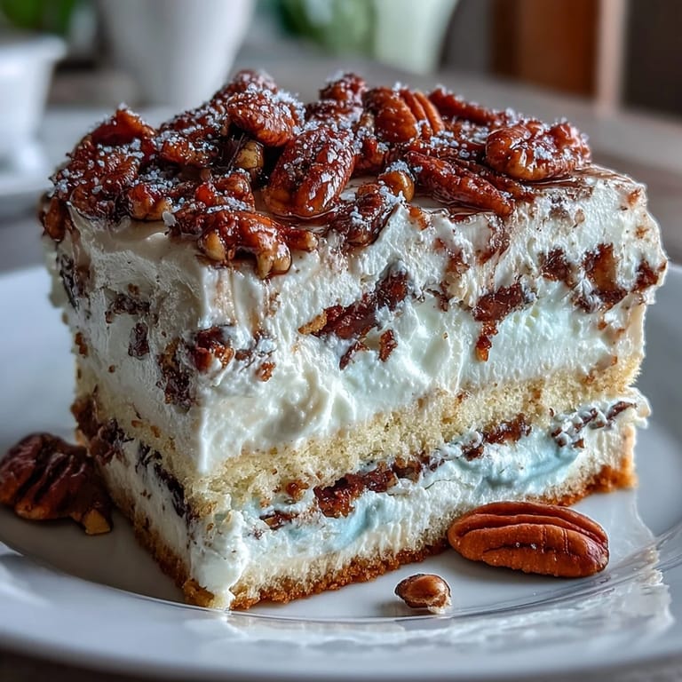 Golden toasted pecans and smooth whipped cream top a generous slice of chilled Butter Pecan Tres Leches Cake.