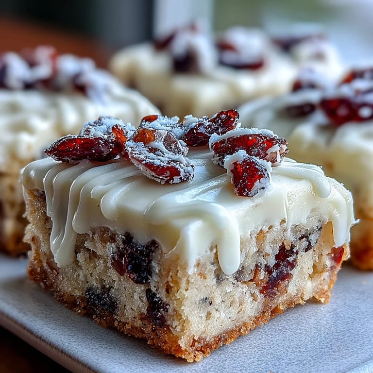 Freshly baked Cranberry Bliss Bars featuring chewy cranberries and smooth orange cream cheese frosting.  