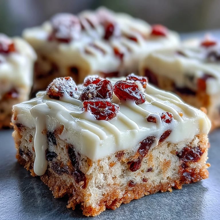 A platter of Cranberry Bliss Bars drizzled with white chocolate, perfect for holiday dessert tables.