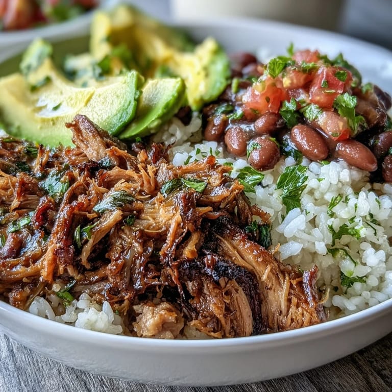 Top-down view of a colorful Carnitas Bowl topped with cilantro, salsa, and avocado slices.