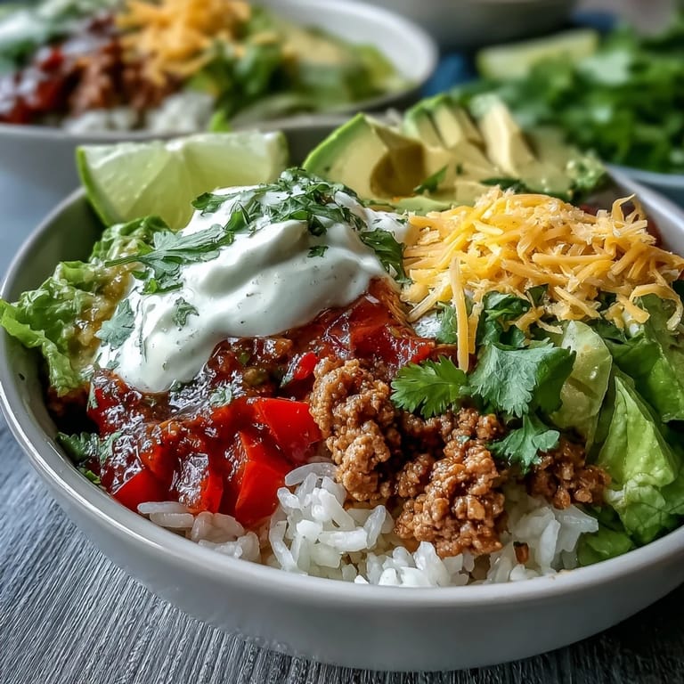 A vibrant Turkey Taco Bowl features seasoned turkey, fluffy rice, and fresh toppings like lettuce and sour cream.