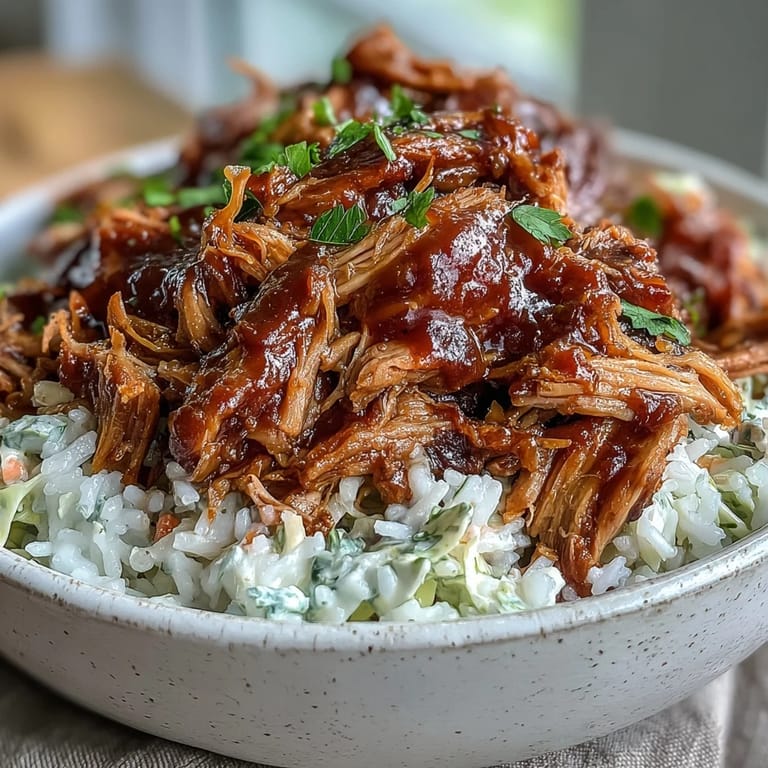 Serving suggestion for Pulled Pork Bowl: a hearty, gluten-free meal with juicy shredded pork, cilantro garnish, and a colorful mix of red and green cabbage slaw.