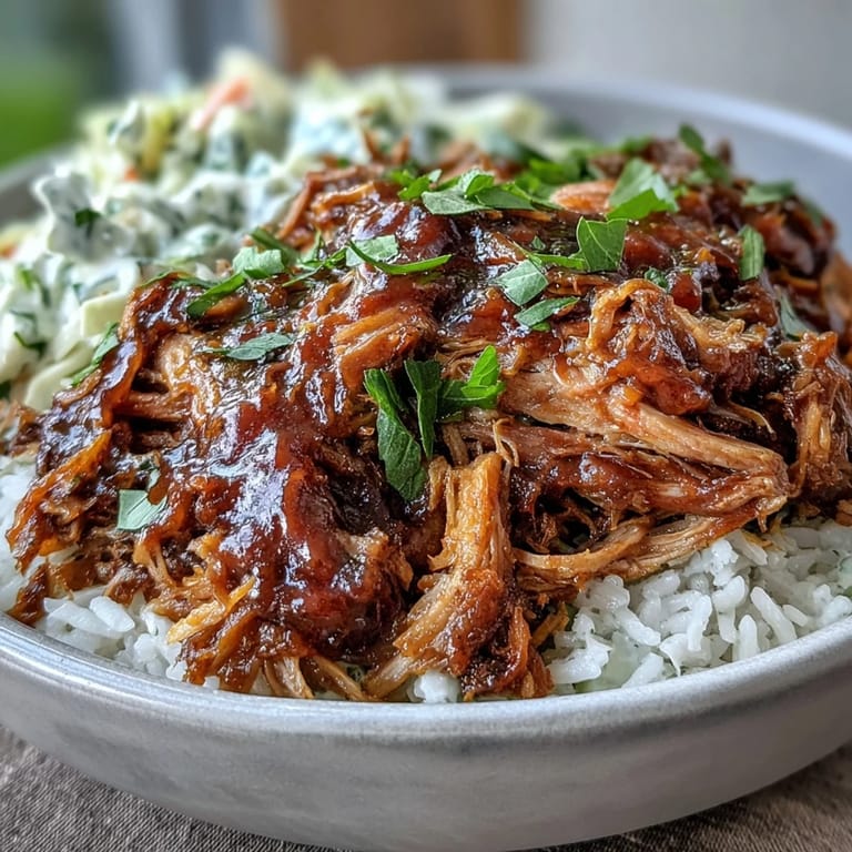 Top-down view of a Pulled Pork Bowl featuring slow-cooked pork shoulder over steamed rice, topped with creamy coleslaw and extra BBQ sauce for a crowd-pleasing dinner.