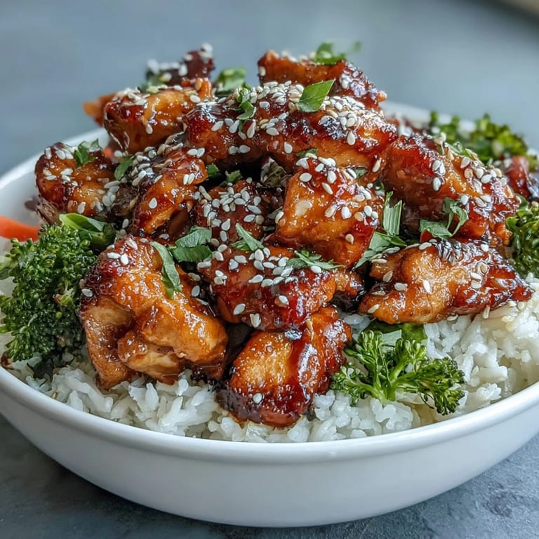 Sticky Honey Garlic Chicken Bowl topped with toasted sesame seeds and sliced green onions