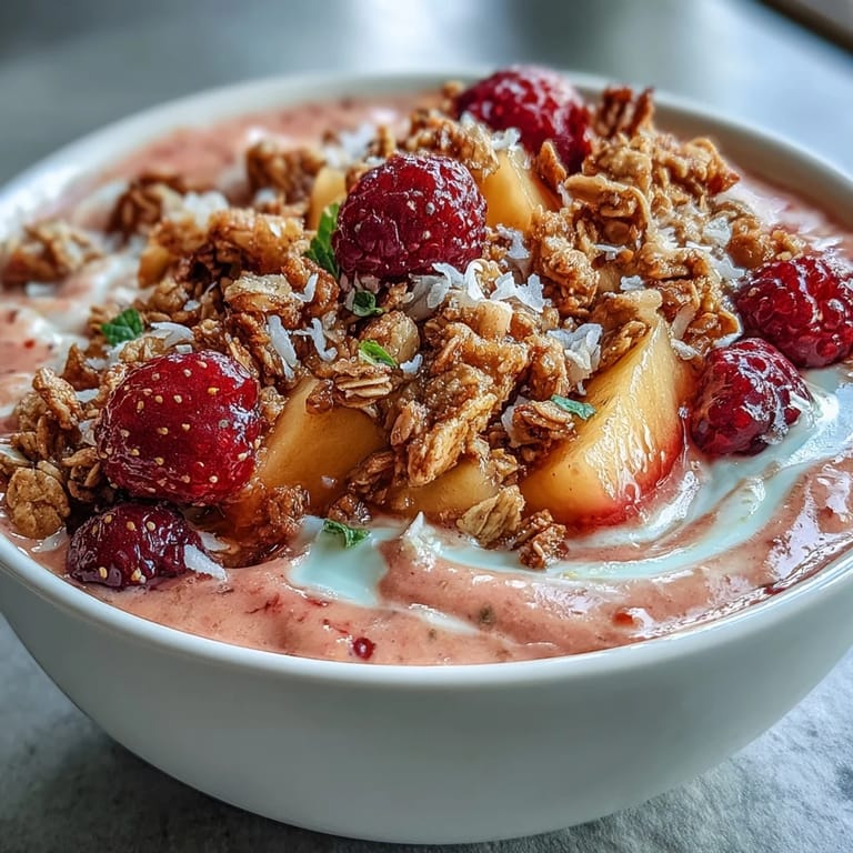 Thick guava and mango smoothie bowl in a white bowl garnished with mint, berries, and coconut flakes.