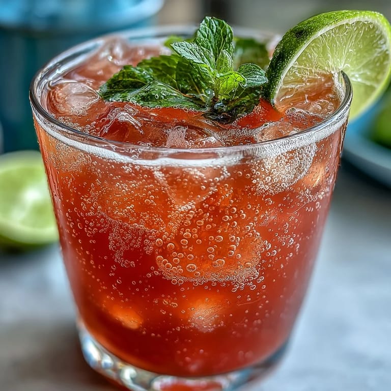 A bubbly tropical spritzer with guava juice and sparkling water, served over ice with a lime slice.