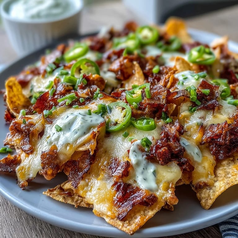 Crispy tortilla chips smothered in savory beef, creamy cheddar cheese sauce, and tangy pickled jalapeños, then baked until bubbly for the ultimate loaded nachos.