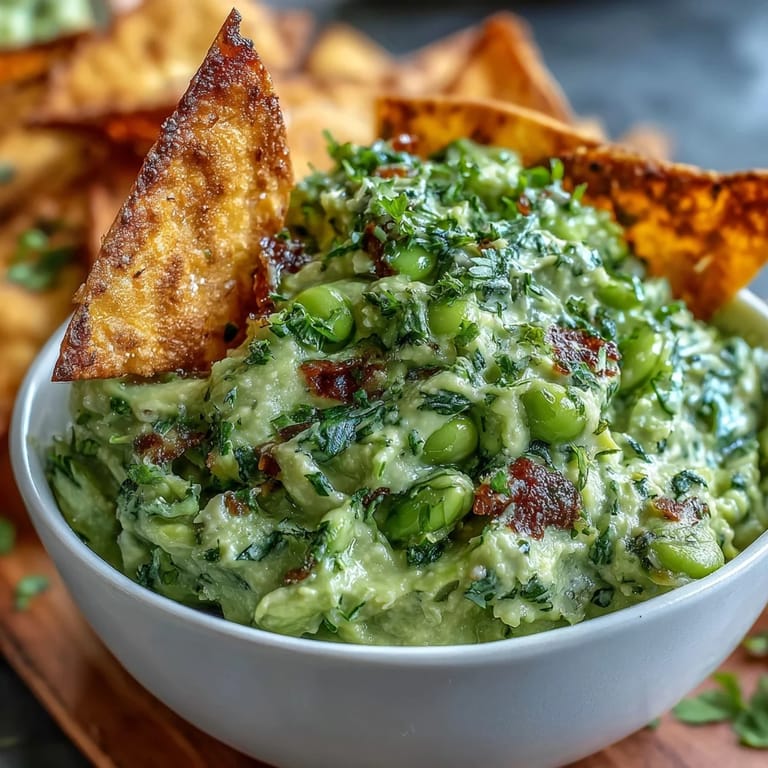 Bright, green edamame guacamole paired with crunchy baked pita chips for a satisfying appetizer.