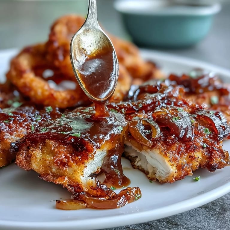 Comforting Southern smothered chicken in onion gravy, crispy skin and tender meat, served with a ladle of savory, aromatic gravy.