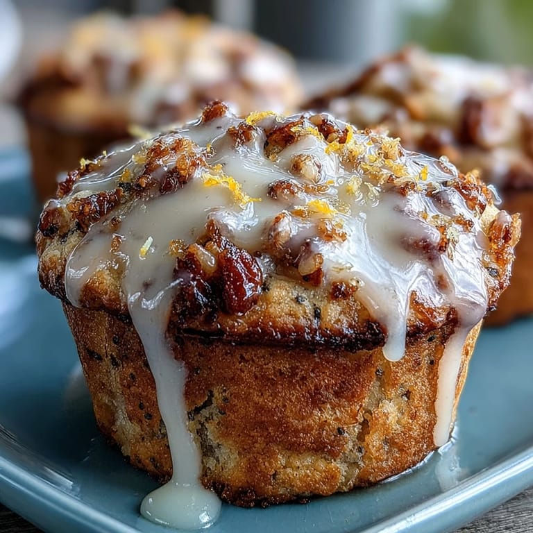 Fluffy lemon muffins bursting with citrus flavor and poppy seeds, drizzled with a tangy lemon glaze for an elegant breakfast or snack.