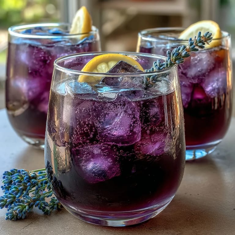 Elegant lavender lemonade spritz in chilled glasses, garnished with lemon slices and fresh lavender sprigs.