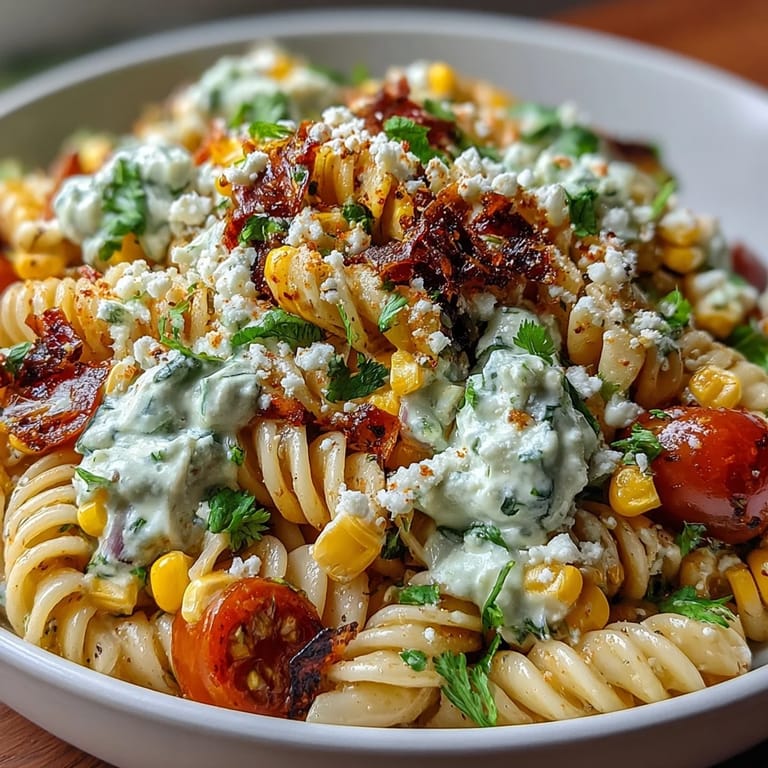 Colorful Mexican-inspired elote pasta salad with charred corn, juicy cherry tomatoes, and tangy Cotija cheese, ready for a summer picnic.  