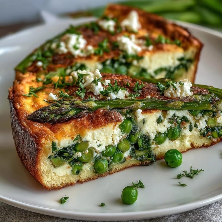 Savory frittata with asparagus, peas, and tangy goat cheese, served warm with fresh herbs.