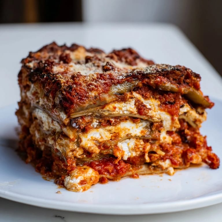 This photo presents a homemade Eggplant Parmesan Lasagna, perfect for a hearty, comforting family meal.