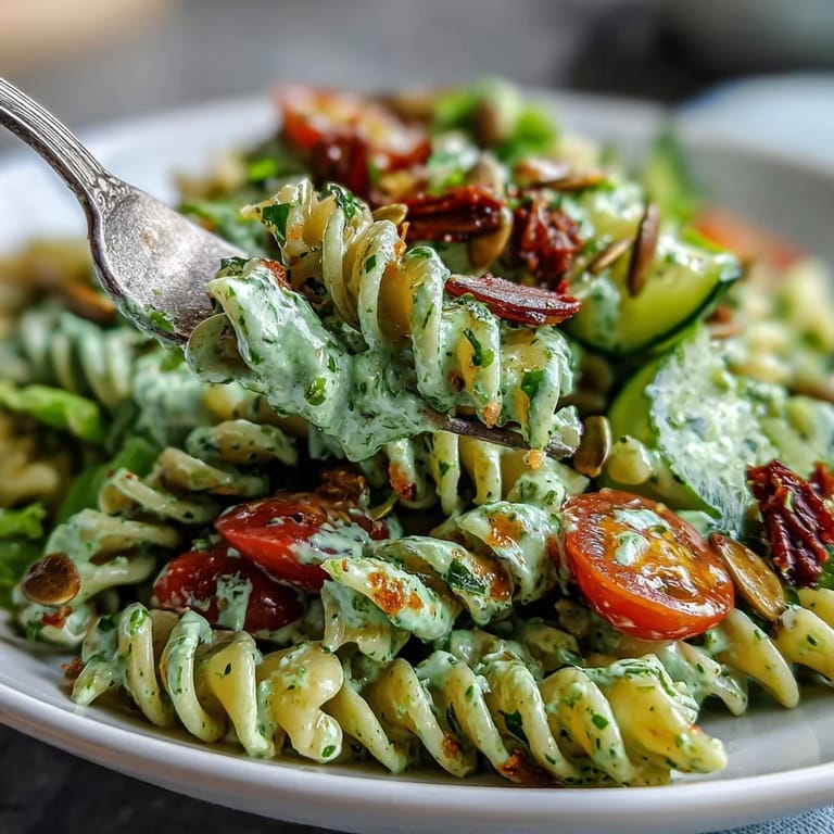 Refreshing green goddess pasta salad with crunchy snap peas, red onion, and creamy herb dressing, ideal for summer gatherings.