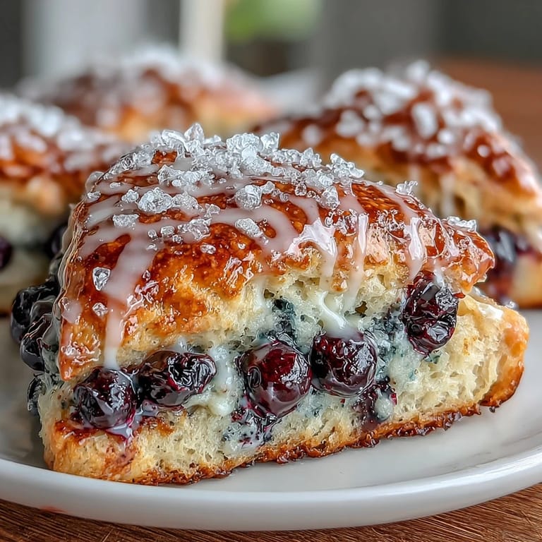 Golden-brown scones bursting with blueberries and finished with a drizzle of bright lemon icing.