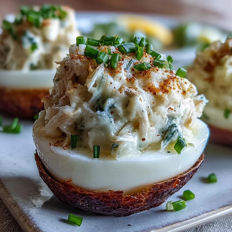 Showcasing Crab Cake Deviled Eggs with Old Bay, an elegant seafood starter.