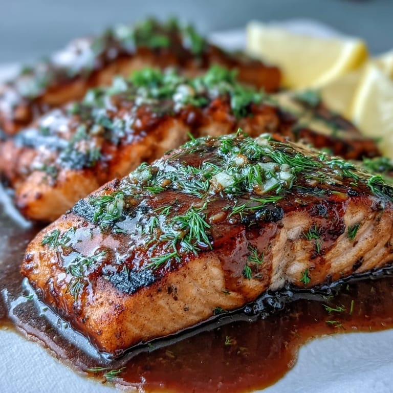 Grilled Cedar Plank Salmon, glistening with a tangy maple Dijon glaze and herbs.