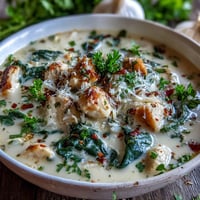 Creamy garlic parmesan chicken soup with tender cubes of chicken, simmered in a velvety broth and garnished with fresh parsley.