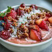 Bright tropical guava and mango smoothie bowl topped with crunchy granola, coconut flakes, and fresh mixed berries.