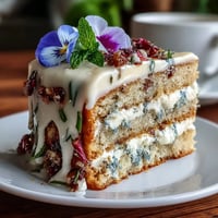 Spring cake with pressed edible flowers on a white plate, light vanilla cake with whipped cream and delicate floral decorations.