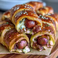 Mini Baseball Hot Dogs in Crescent Roll Dough, golden and baked to perfection, perfect for game day snacks.