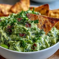 Creamy avocado and edamame guacamole with crisp golden pita chips for a fresh, protein-packed snack.  