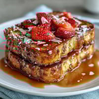 Spring brunch strawberry French toast bake with golden brioche, juicy strawberries, and a cinnamon custard, topped with almonds and sugar.