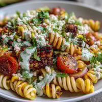 Creamy elote pasta salad with Cotija, chili, and lime, served in a white bowl with fresh cilantro and chili flakes on top.  