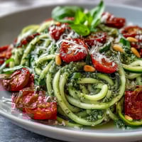 Fresh zucchini noodles tossed with vibrant basil pesto and juicy cherry tomatoes in a light, healthy Mediterranean dish.  