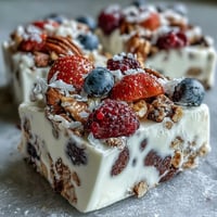Frozen Yogurt Bark with Berries and Granola: creamy yogurt base topped with colorful berries and crunchy granola, frozen into a healthy treat.