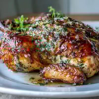Golden herb butter roast chicken with preserved lemon under crispy skin, served with roasted vegetables and pan juices.