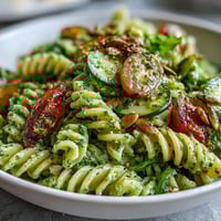 Creamy green goddess pasta salad with avocado dressing, fresh vegetables, and herbs, perfect for picnics or light lunches.  