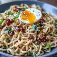 A steaming bowl of viral garlic butter ramen, glistening with rich sauce and topped with soft-boiled eggs and green onions.